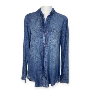 Cloth & Stone Chambray Shirt Blue Print Tencell Frayed Hem Distressed Boho XS